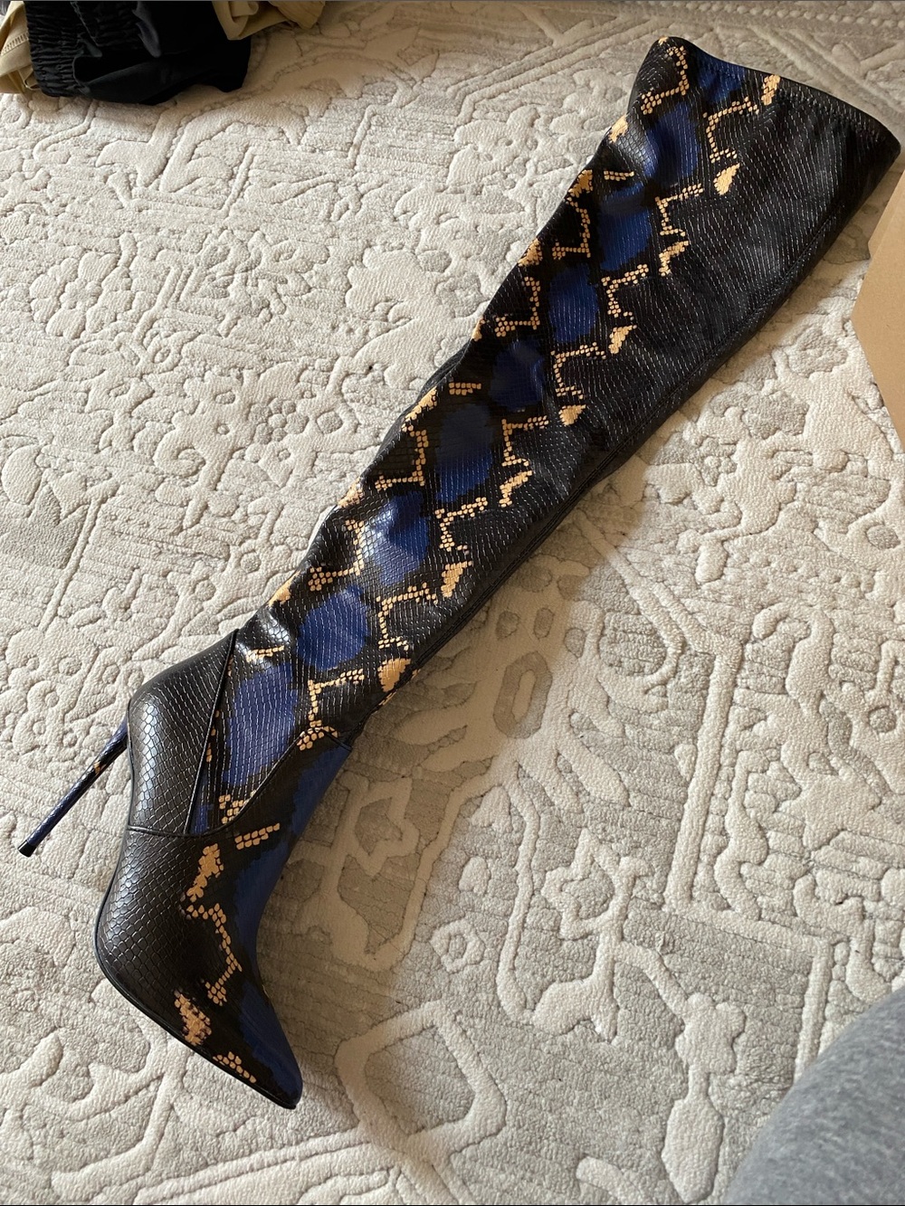 Blue & Black Snake-Print Over-the-Knee Stiletto Boot